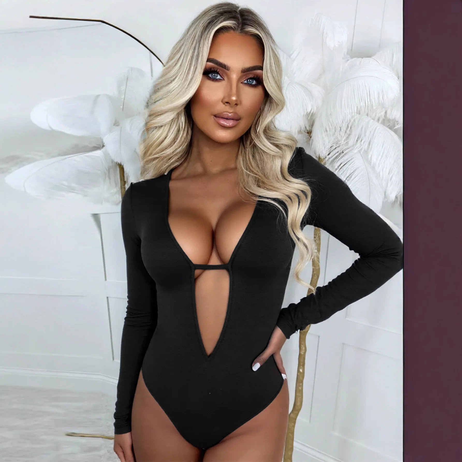 Fashion Sexy Club Women's Bodysuit Solid Slim Fit Deep Fleece Long-sleeved V-neck Trendy Jumpsuit Casual Streetwear Tops Rompers