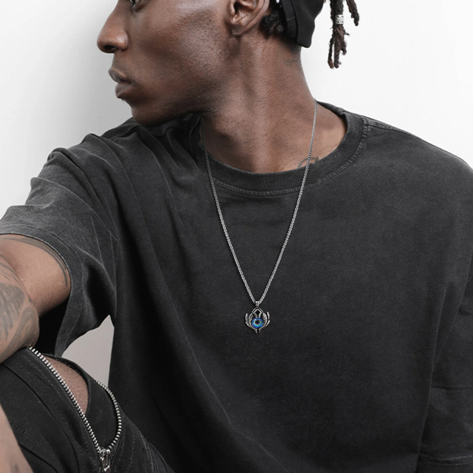 قلادة Vnox Big Evil Eye Pendant، شارة مكتنزة من الفولاذ المقاوم للصدأ مع قلادة عين تركية، إكسسوار رجالي فاسق