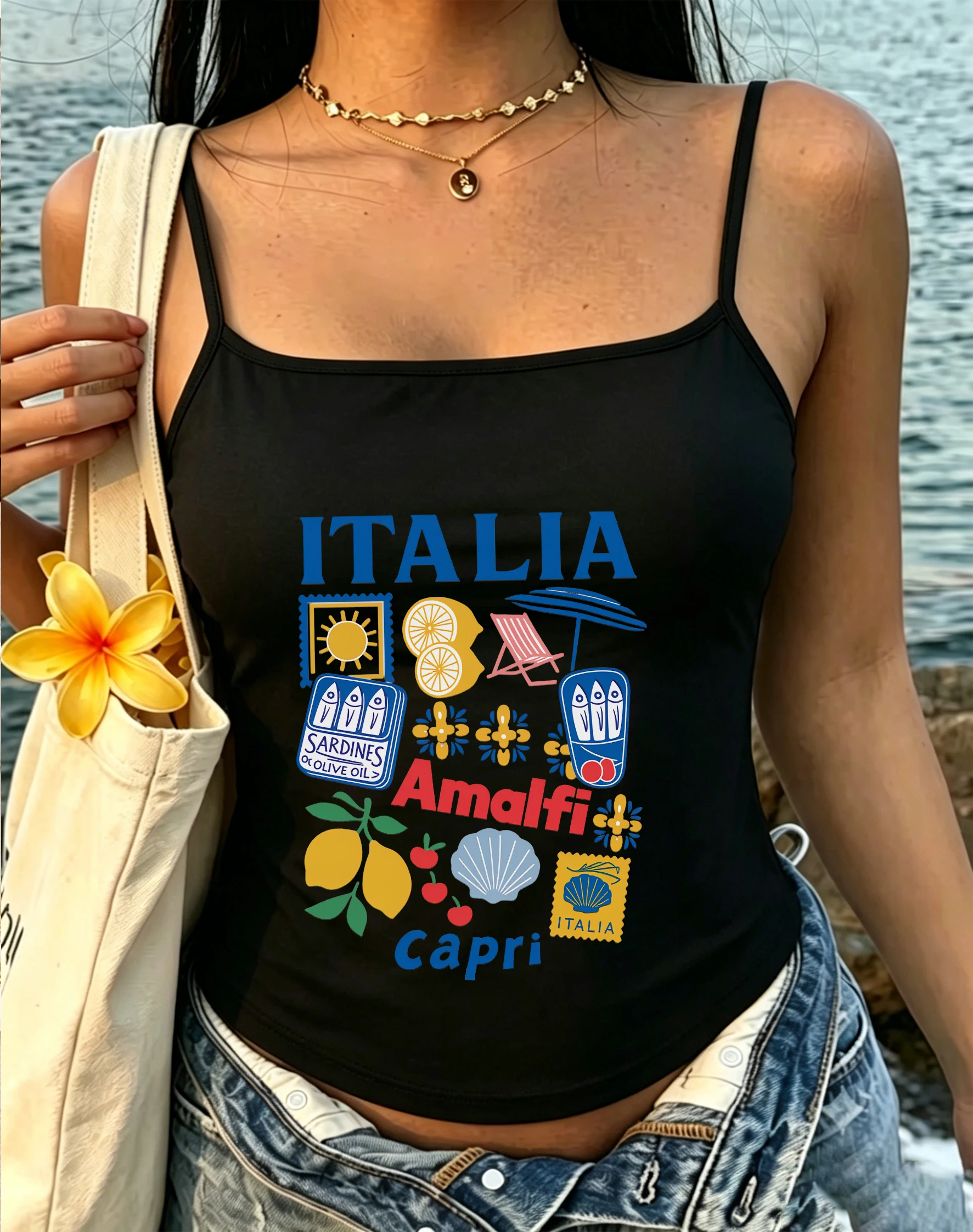 Italia Amalfi Capri Graphic Cami Tank Top Women Square Neck Sleeveless Slim Fit Summer Vacation Coastal Layering Sling Shirt