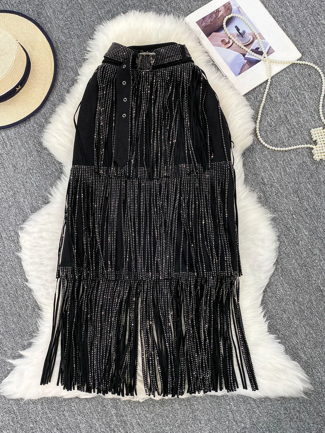 

Ele High Waist Midi Skirt with Tassel Design And Star Point Rhinestones Slimming A-Line Skirt for Women Summer Faion