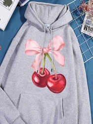 Bow Cherry Printing Sweatshirts Womens Vintage Versatile Hoodies Classic Comfortable Pocket Tracksuit Everyday Harajuku Tops