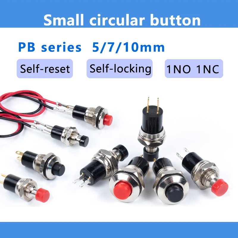 5mm 7mm 10mm PBS-110 PB05A Small Circular Metal Button Switch, Self Resetting, Self-locking, Inching Power Switch