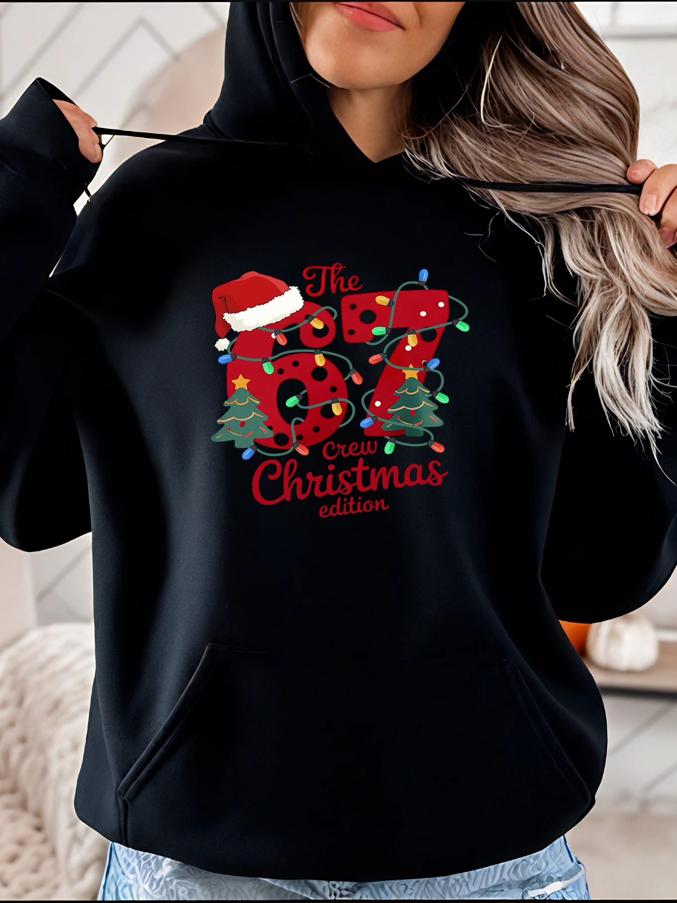 Christmas Lights Crew Hoodie Holiday Design Festive Pattern Women's Casual Wear Winter Outfit