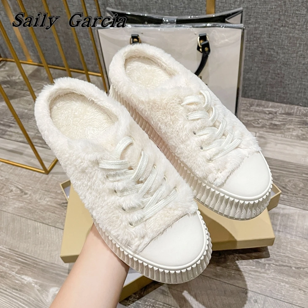 Round Toe Solid Fur Short Plush Lace Up Flat Shoes Winter New Waterproof Thick Sole Vulcanized Shoes Solid Casual Women Shoes