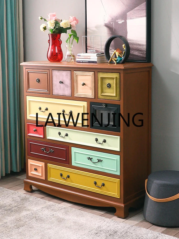 

Solid Wood Chest of Drawers Living Room Vintage Storage Bedroom Entrance Cabinet Mediterranean Colorful Art Furniture