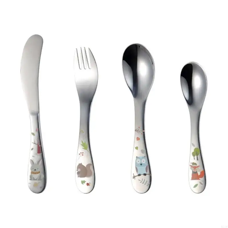

W3JF 4pcs Baby Fork Knife & Spoon Cartoon Satware Set Kids Feed Spoon Fork Kitchen Atensilts для еды