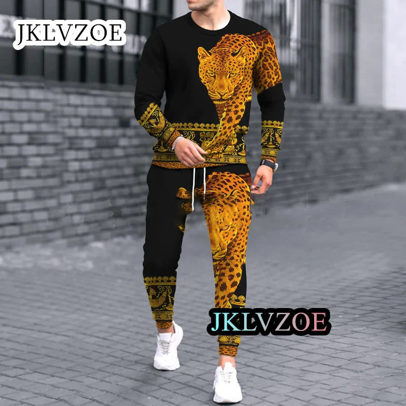 Conjunto de camiseta de manga larga para hombre, ropa deportiva informal de alta calidad con estampado 3D de animales, chándal de 2 piezas, Verano