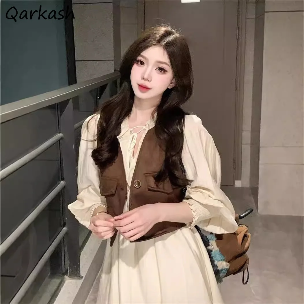 

Long Sleeve Dress Sets Women Casual Vintage Vests Simple Cleanfit 2pcs Harajuku Korean Fashion Aesthetic Temper Stylish