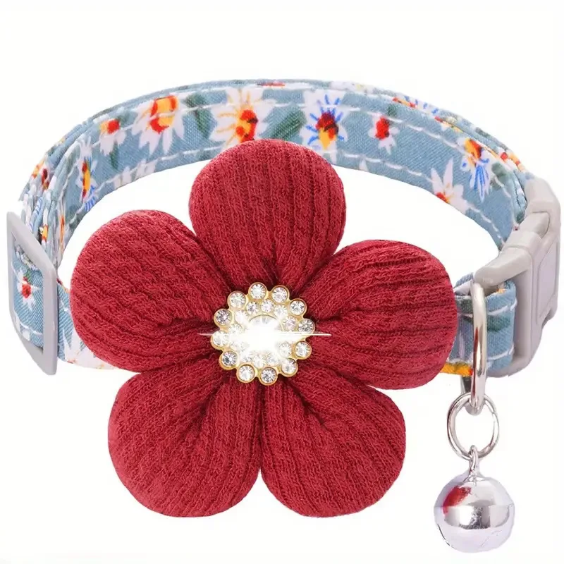 Katzenhalsband, abreißbares Kätzchenhalsband mit Blumen-Strasssteinen, Kitty-Halsband mit Glöckchen, florales Haustierhalsband mit für Katzen und Welpen – Detail 11