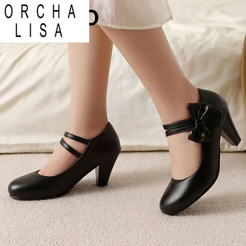 

ORCHA LISA 2025 Женские туфли-лодочки Мэри Джейн с круглым носком и блочным каблуком 7 см с ремешком-бабочкой Большие размеры 45, 46 47 48 Сладкие туфли для свиданий Весна