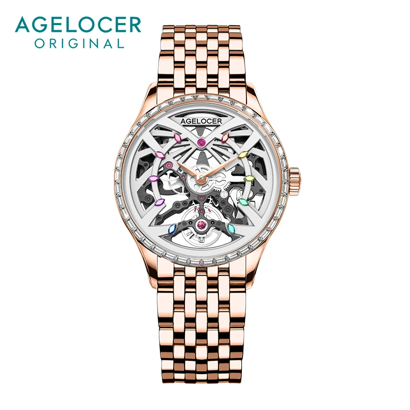 AGELOCER Women's Top Brand Mechanical Skeleton Automatic Luxury Watch Elegant Ladies Christmas Valentine