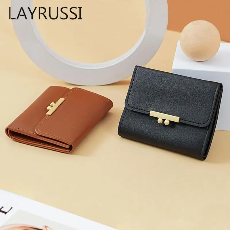 LAYRUSSI Fashion Small Pu Leather Credit Card Holder Short Wallet Women Coin Purse Ladies Simple Candy Purse Student Card Wallet