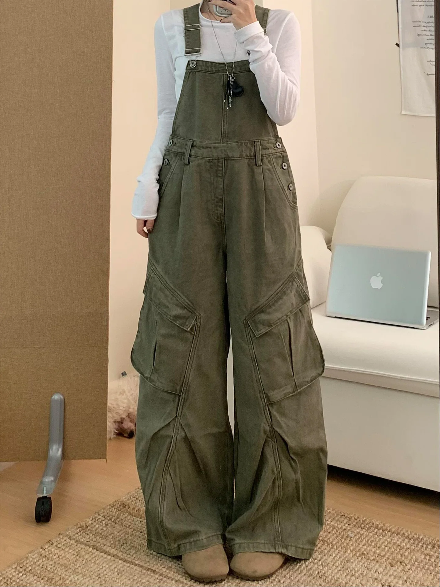 

Американский комбинезон с несколькими карманами в стиле ретро, женский свободный комбинезон с широкими штанинами, брюки-карго с высокой талией, осенний Sle