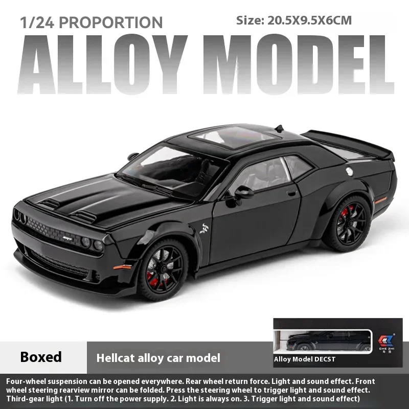 1:24 Dodge Challenger Hellcat SRT Alloy Scale Car Model Diecast Metal Miniature Car Sound＆Light Collection Children Toy Vehicle