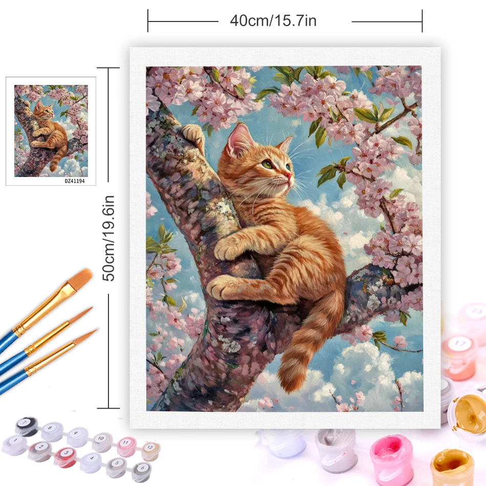 GATYZTORY Painting By Numbers Cat Animal Kits DIY Frame Drawing By Number Cherry Blossom Tree