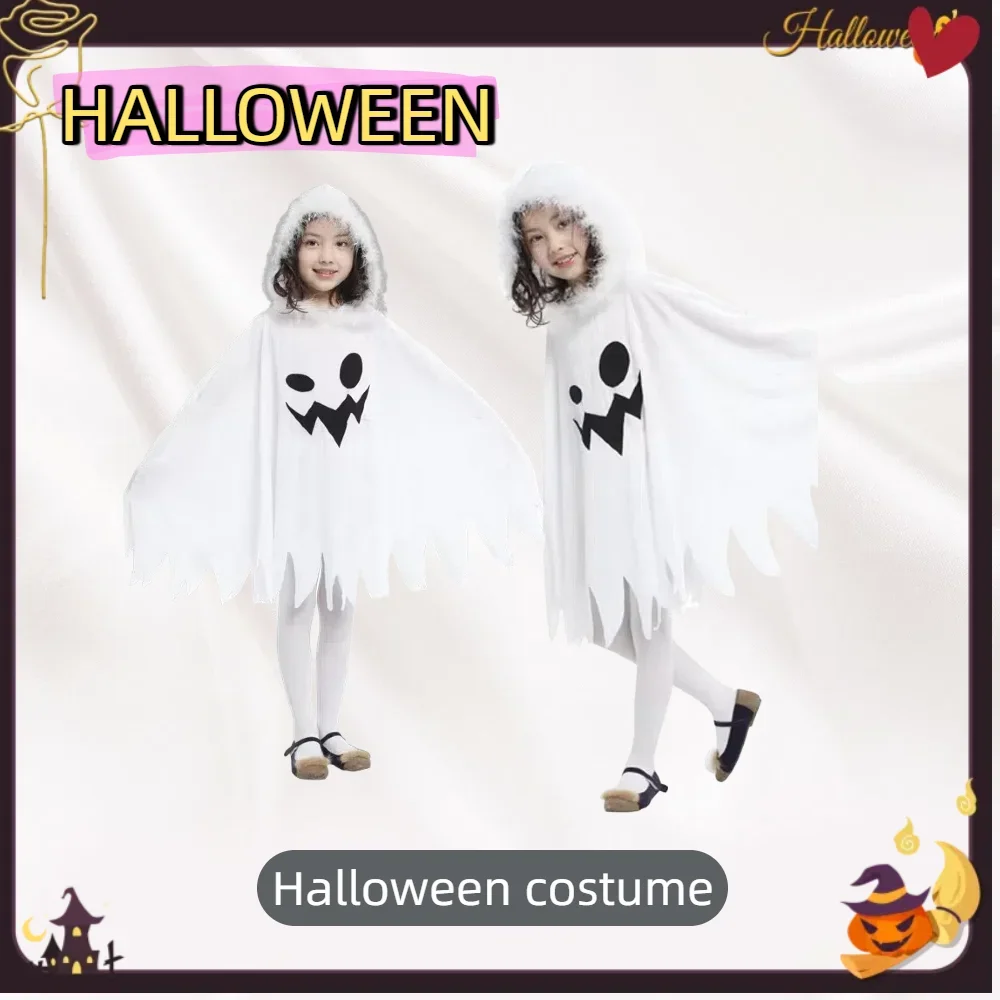 Costume da strega di Halloween per bambini con colletto in pelliccia bianca Abito da spirito bianco spettrale Mantello da fata giocoso