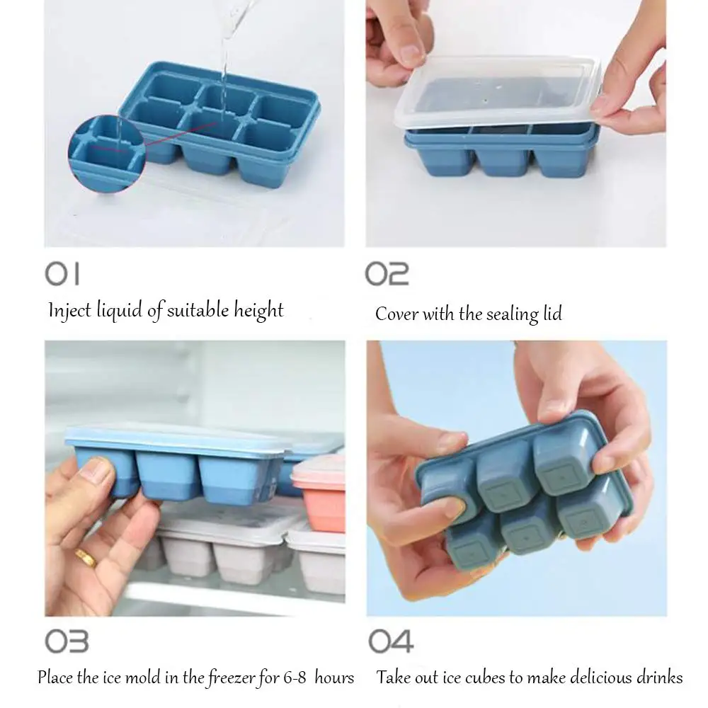 6 Grids Ice Tray Mold Food Grade Soft Silicone Ice Cube Mould Ice Cream Ice Blocks Makers DIY Homemade Cold Drink Kitchen Tools