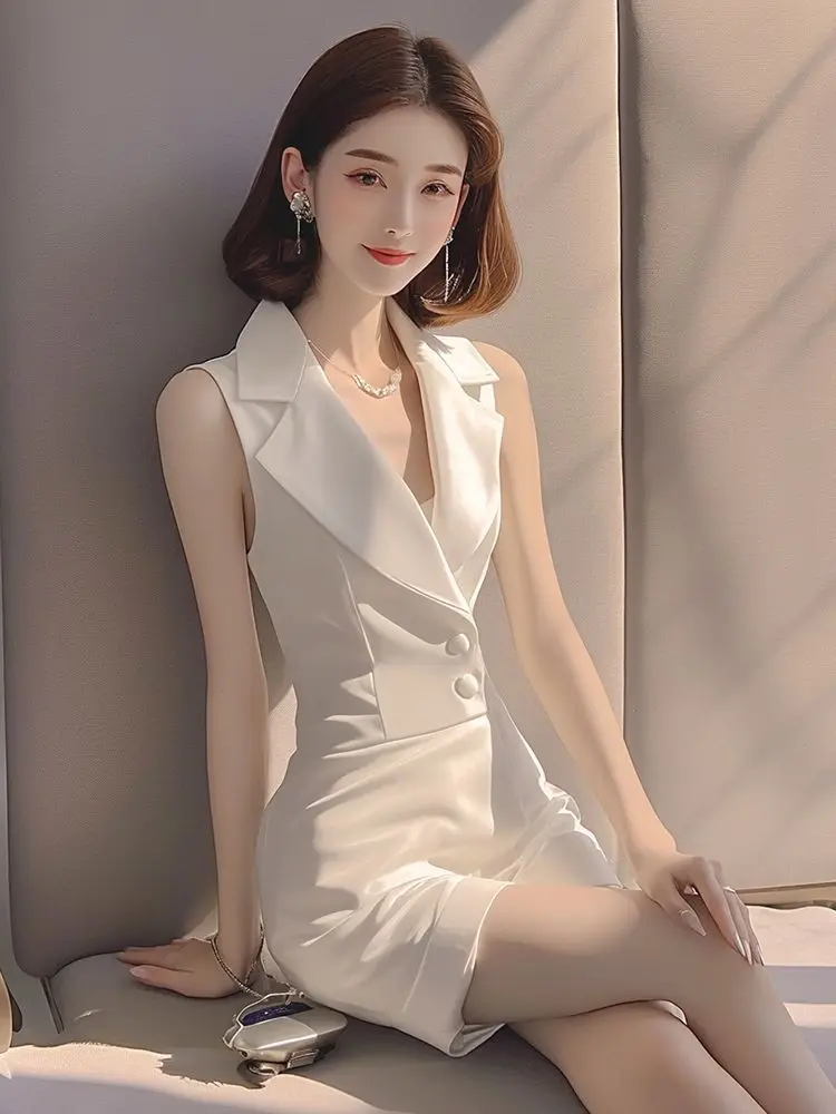 

Новый высококачественный летний белый женский комбинезон-шорты для офиса, модный, с отложным воротником, без рукавов, с зауженной талией, однотонный