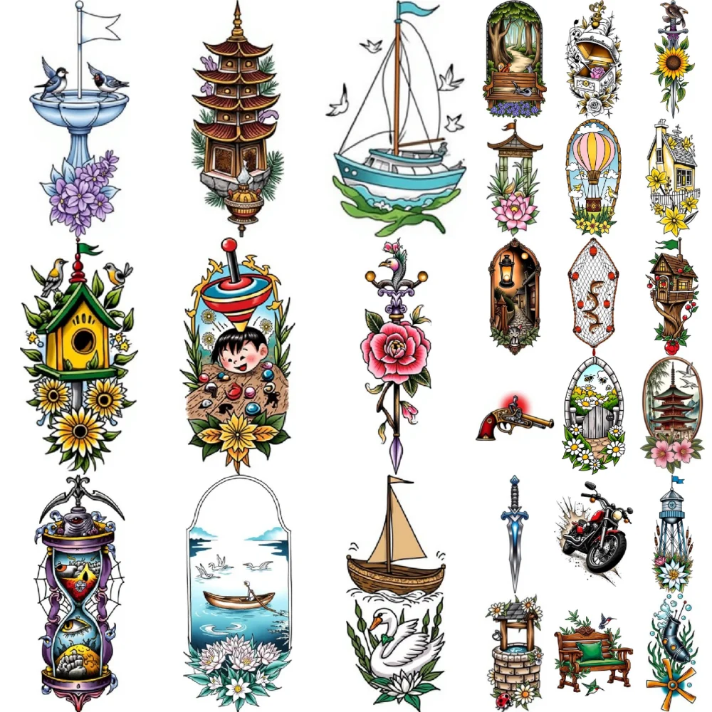 

28 шт., временные татуировки, мотоциклетные временные татуировки, наклейки, винтажный пистолет, скамейка с птицами для женщин, руки, грудь