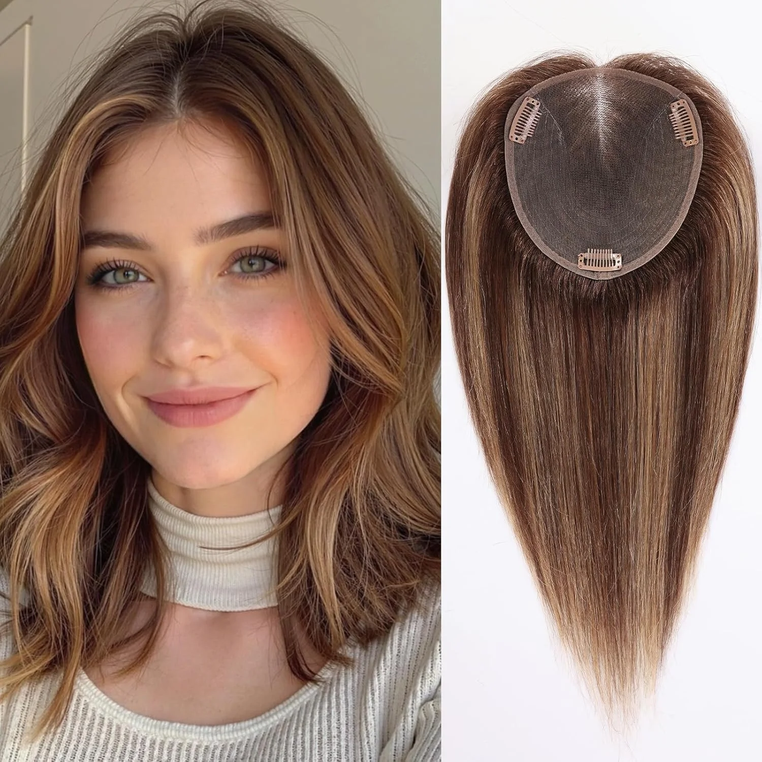 12inch Brown Mixed Blonde Human Hair Toppers for Women 5x6inch Swiss Lace Base with 3 Clips 100% Real Hair Toppers for Hair Loss