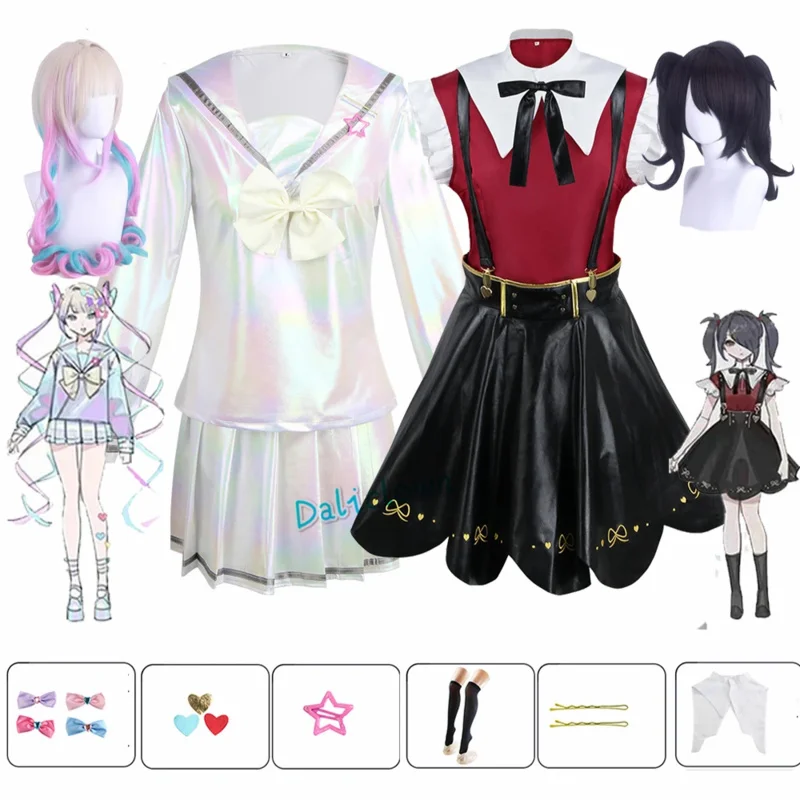 Bedürftiges Mädchen Überdosis Cosplay Kostüm schwarz Kunstleder Rock Perücke Anime JK Uniform weiß Abgrund Kangel Kan Chan Cosplay Kostüm