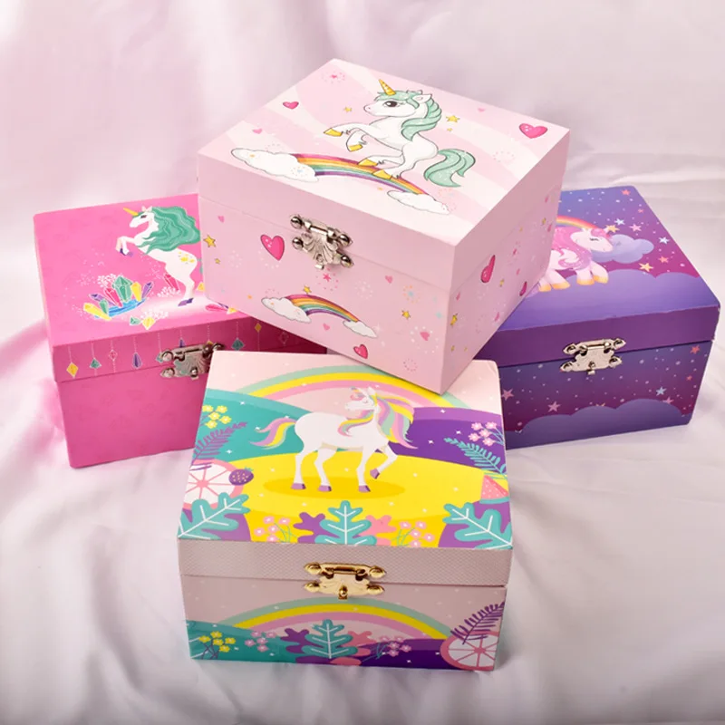 Hot Selling New Arrival Single Rainbow Unicorn Musical Jewelry Box Rotating Figurine Heart Mirror Cardboard Universal Holiday De