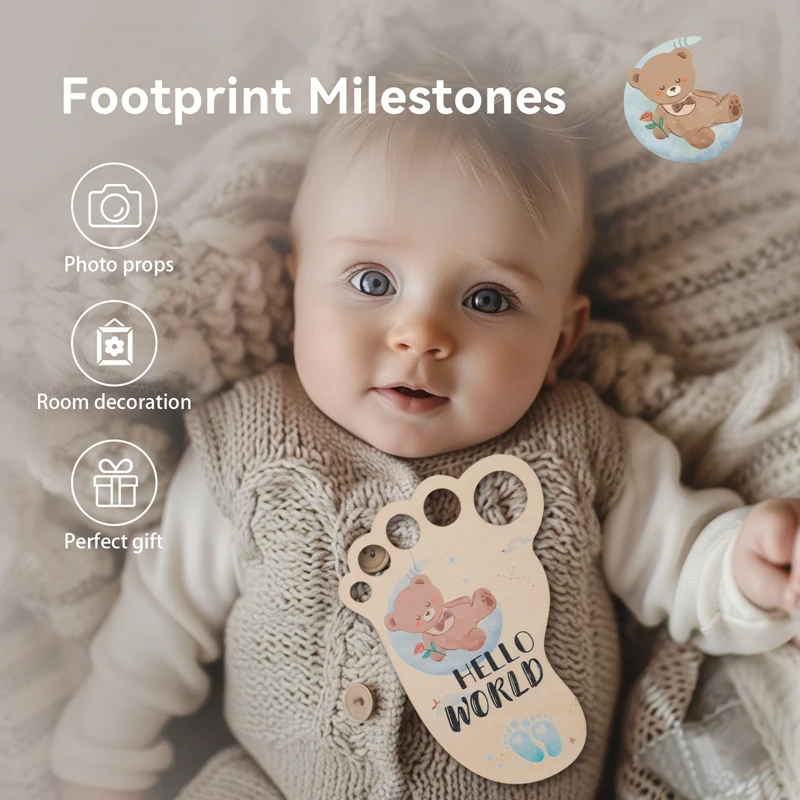 2Pcs Wooden Baby Monthly Memories Milestone Cards Foot Shaped Photography Prop Milestone Card Baby Growth Announcement Cards