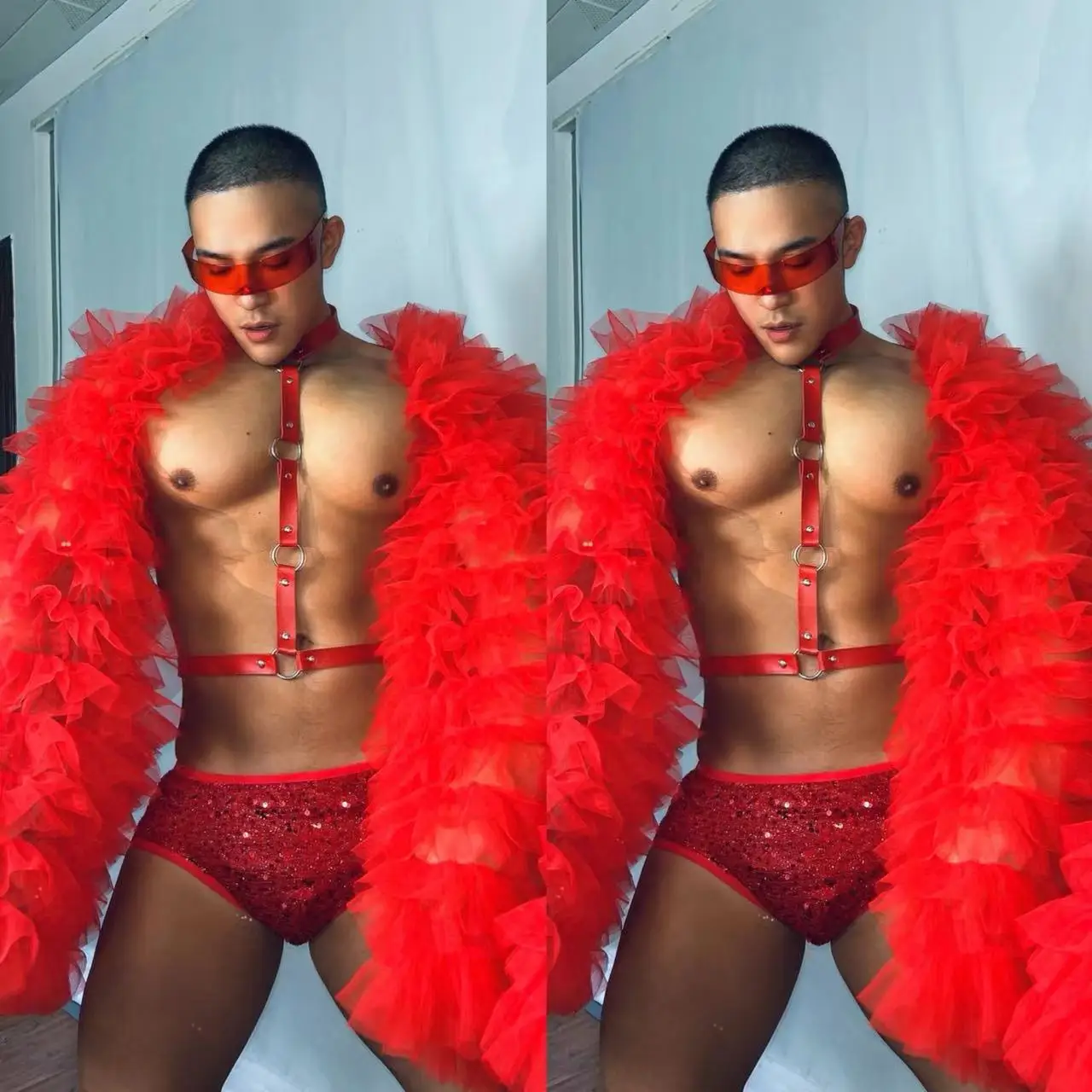 Kurtka z puszystymi rękawami męska odzież sceniczna seksowna kostium taneczny z czerwonymi pasy na klatkę piersiową cekinami spodenki do klubu nocnego Gogo db7988