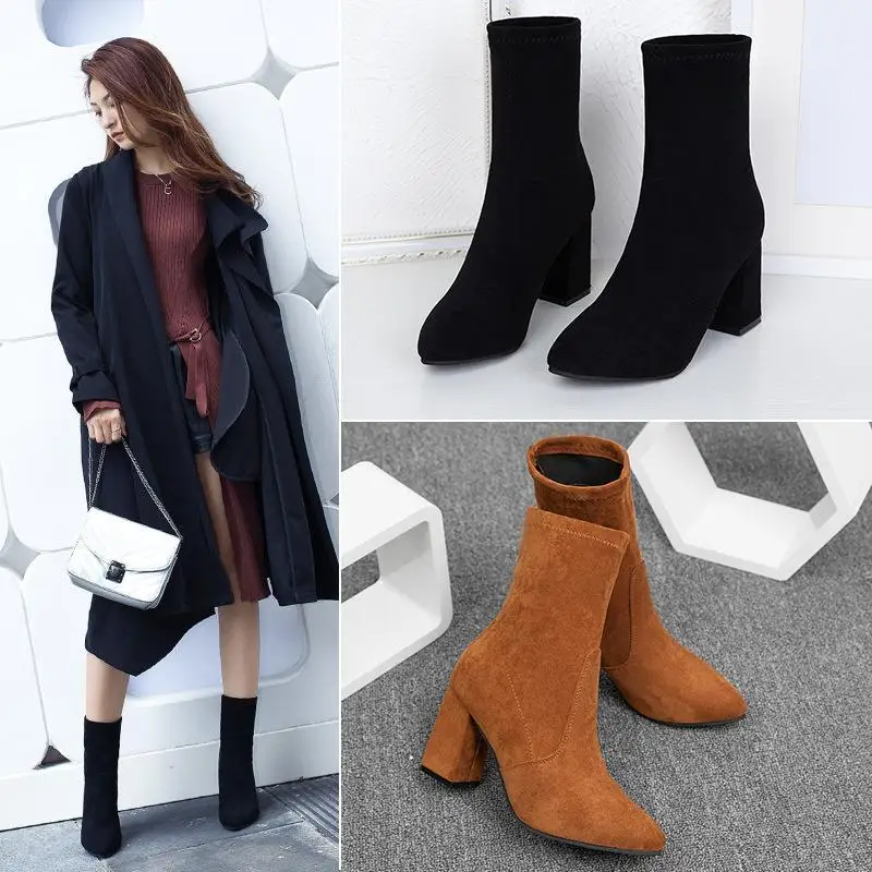 Black Brown Flock Thick Heel Ankle Boots Women Winter Shoes Nice Elegant High Heel Pointed Toe Keep Warm Short Booties Ladies