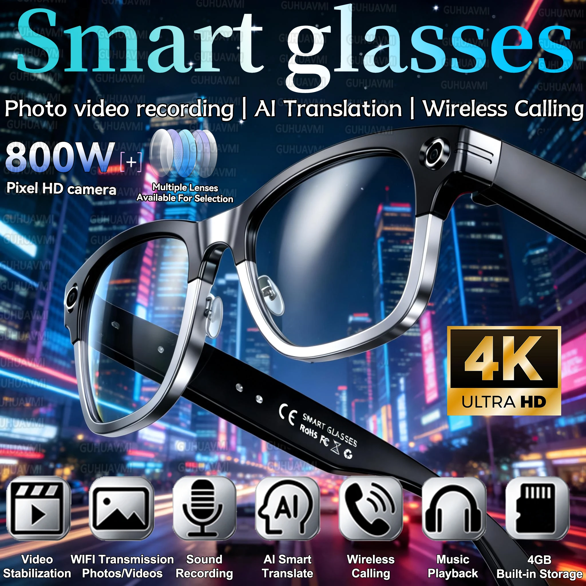 

Новые умные очки с ИИ, переводом на различные языки, камерой 800 МП, видеоплеером, функцией звонков, для бизнеса, с изменением цвета линз 8K, мужские