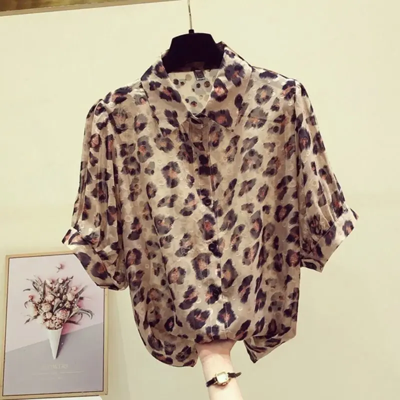 Fashion Y2k Summer Loose Lapel Collar Leopard Women Short Sleeve Single-breasted Office Lady Casual Affordable Comfortable Shirt