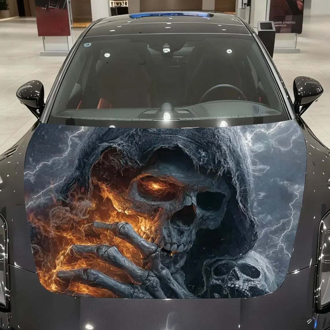 Mysterious Lightning Gothic Hood Skeleton Car Hood Stickers, Decorative Car Packaging Paper, Bold Designs, Halloween Decorations