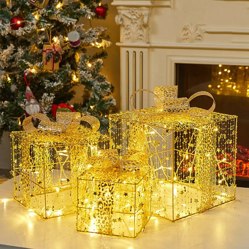 Christmas Decoration Gift Box Three-Piece Set Pile Ornaments Iron Gift Box Luminous Christma Supplies Scene Layout