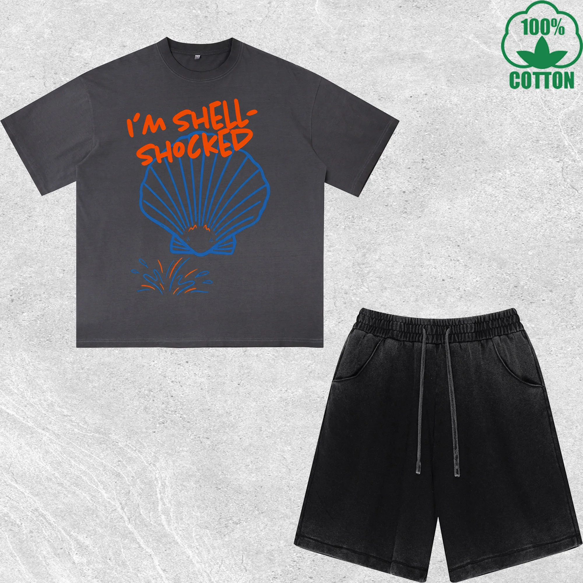 

Im Shell Shocked Printed Dirty Wash T-Shirt Shorts Set Combo Loose Trendy Fashionable 100%Cotton Short Value Pack