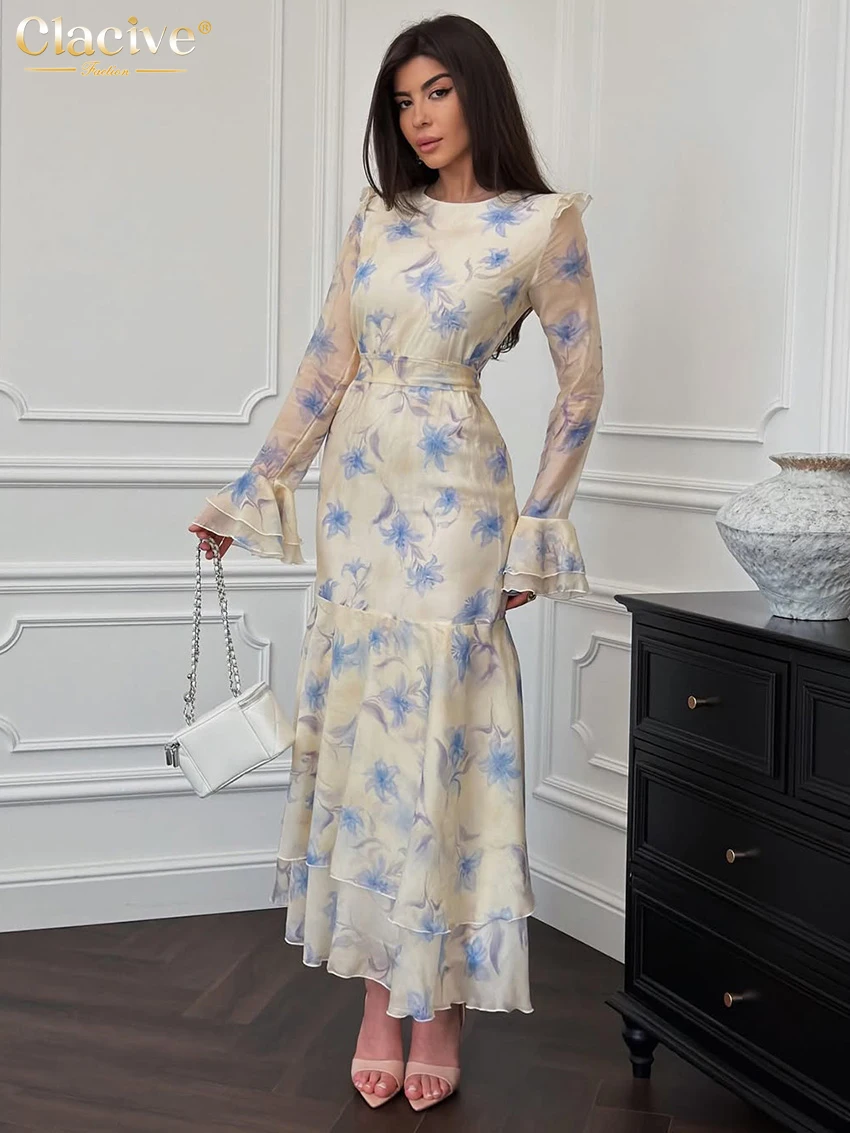 

Clacive Fashion Loose Print Women Dress 2026 Autumn O-Neck Long Sleeve Ankle Length Dresses Elegant Classic Pleated Female Dress