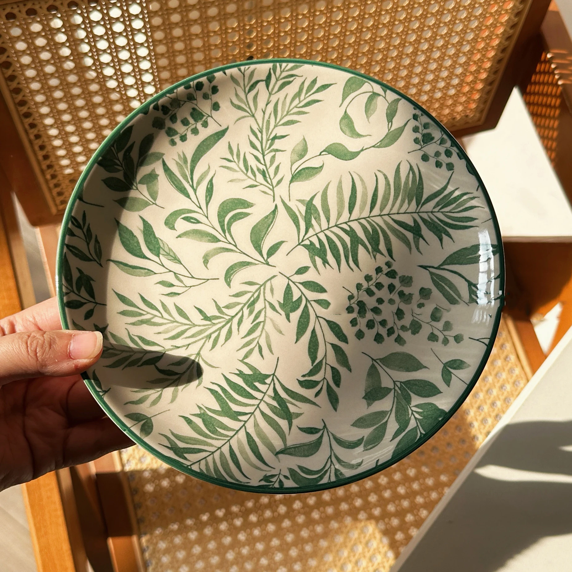 Vintage Leaf Printing Round Ceramic Plate 7.8Inches Home Kitchen Pasta Dishes Household Durable Dinner Serving Tablewares