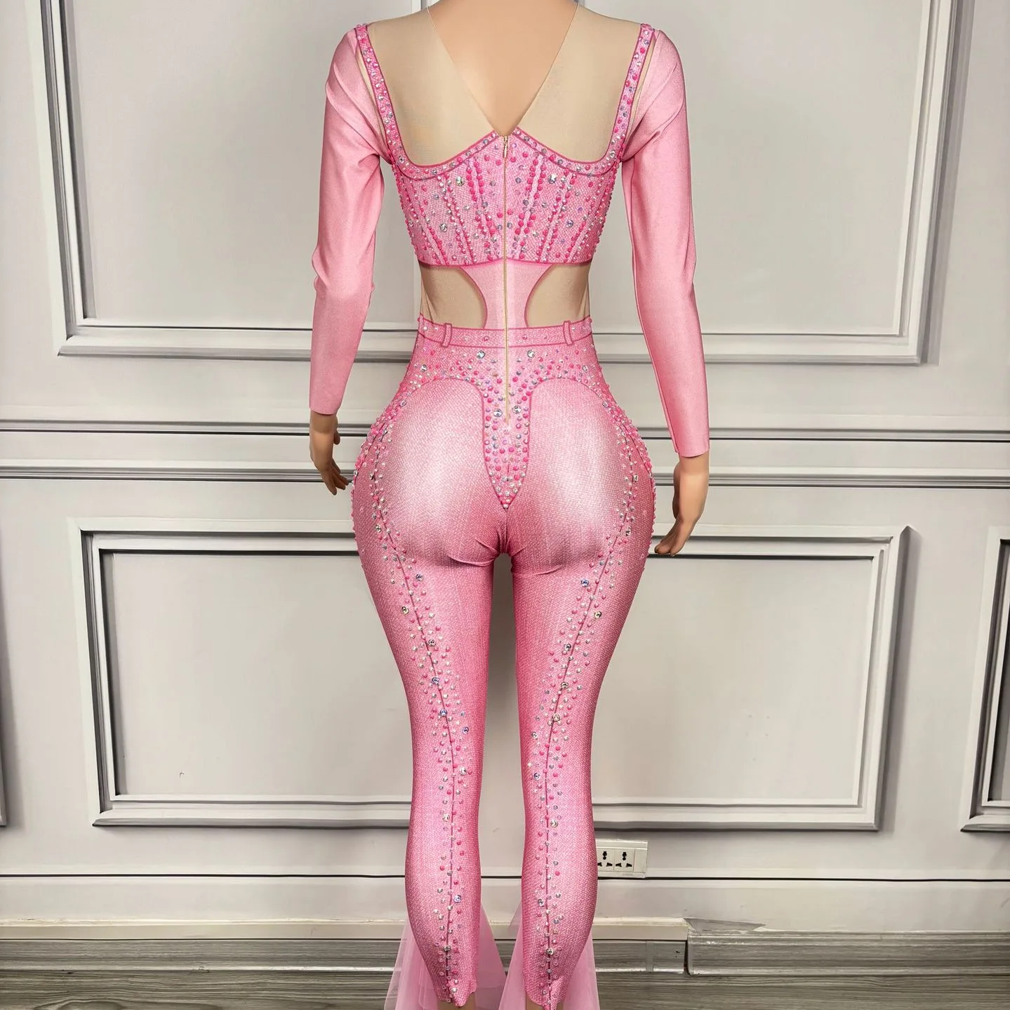 コスチューム ナイトクラブ バー ガール フルダイヤモンド ピンク ロンパース シンガー ダンス チーム ガールズ グループ パフォーマンス ドレス パフォーマンス衣装