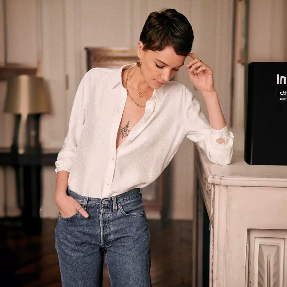 

100% Real Mulberry Silk Shirts Women Plain Crepe Satin Glossy Polka Dots Jacquard Long Sleeve Tops Spring Summer Blouse