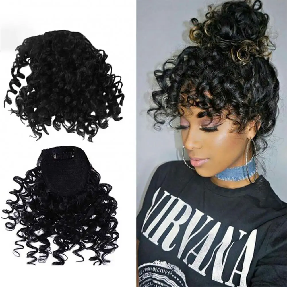 Flequillo rizado sintético Afro Puff Kinky Curly flequillo Clip en postizos cabello Natural fibra resistente al calor extensión pelucas de cabello falsas