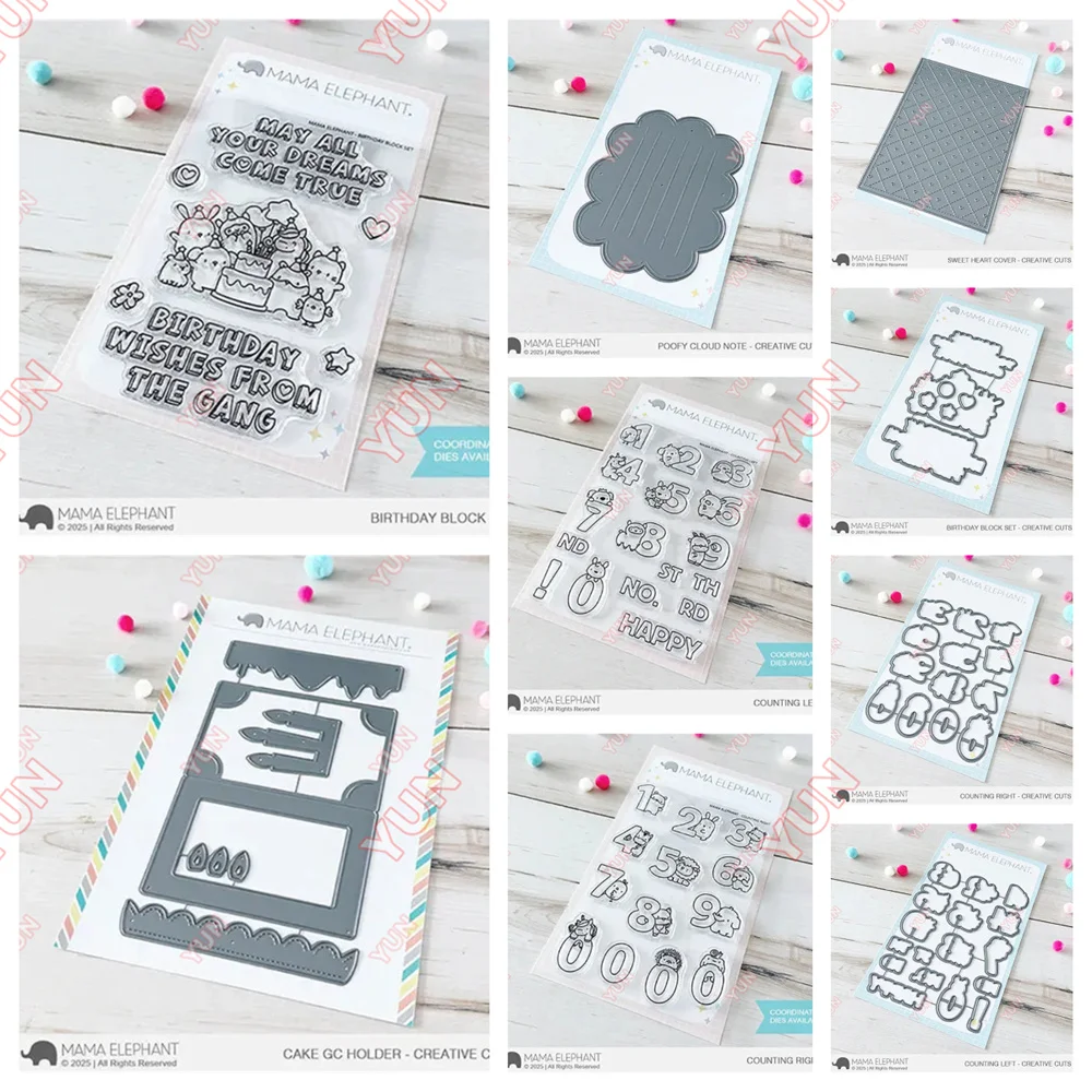 

2025 New Emotion Stamps Birthday Poofy Cloud Note Cake Gift Card Holder Creative Cuts Steel Dies DIY Scrapbooking Silicone Stamp