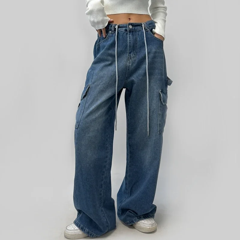 

REALEFT весна лето винтажные джинсовые брюки-карго 2025 новые синие уличные потертые повседневные свободные джинсы с высокой талией на шнуровке женские брюки