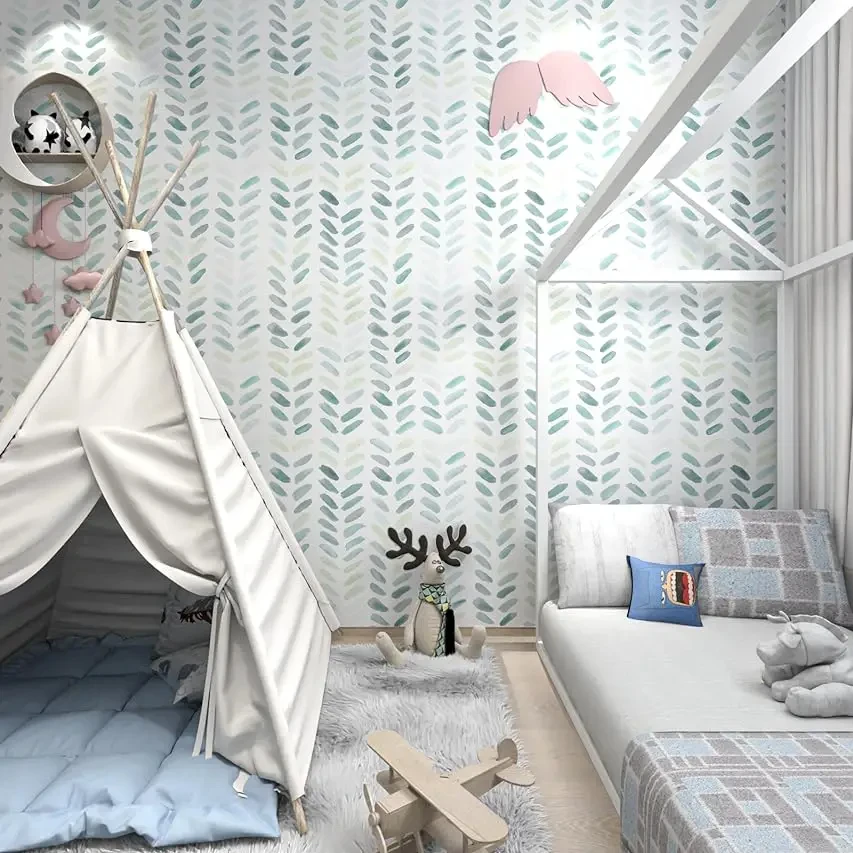 

1pc Self-Adhesive Herringbone Wallpaper for Kid, Peel and Stick, Boho Contact Paper, Removable Leaf, Green and White Wallpaper