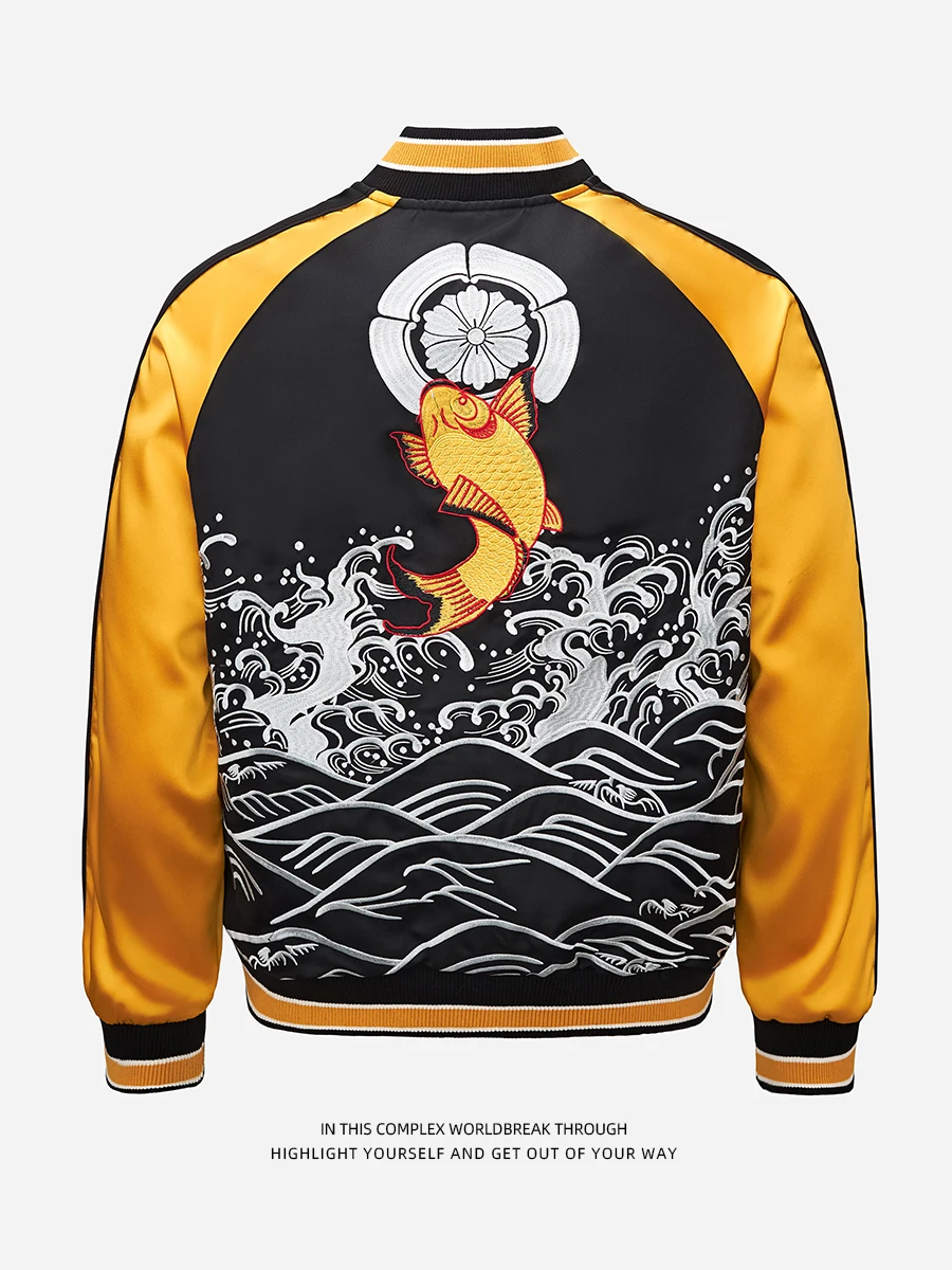 

Магазин обезьян Sukajan Wave Embroidery Carp Horizontal Yokohama Jaet Baseball orm Color Blo Верхняя одежда Youth Faion