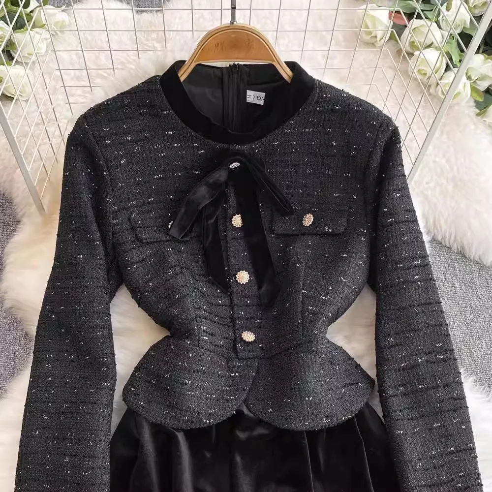 2024 New Autumn Winter Tweed Patchwork Velvet Midi Dress Elegant Women Long Sleeve Bowknot Fake 2 Piece Set Party Party Dresses