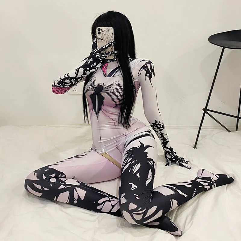 Gwen Stacy Cosplay Costume Sexy Zentai Suit for Women Spandex Zentai Hoodie Spider Girl Cosplay Halloween Party Costumes