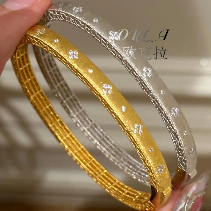 

Vintage matte brushed white flower bangles for women Beautiful and unique light luxury layered bangles wedding jewelry gift