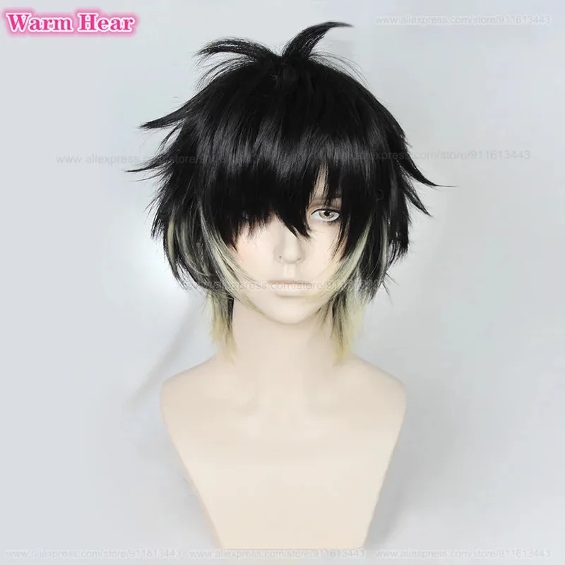 Towa الاصطناعية الرجال قصيرة أسود أصفر تأثيري أنيمي مع لصقة عين مقاومة للحرارة الشعر هالوين شعر مستعار للحفلات + غطاء شعر مستعار goi/6