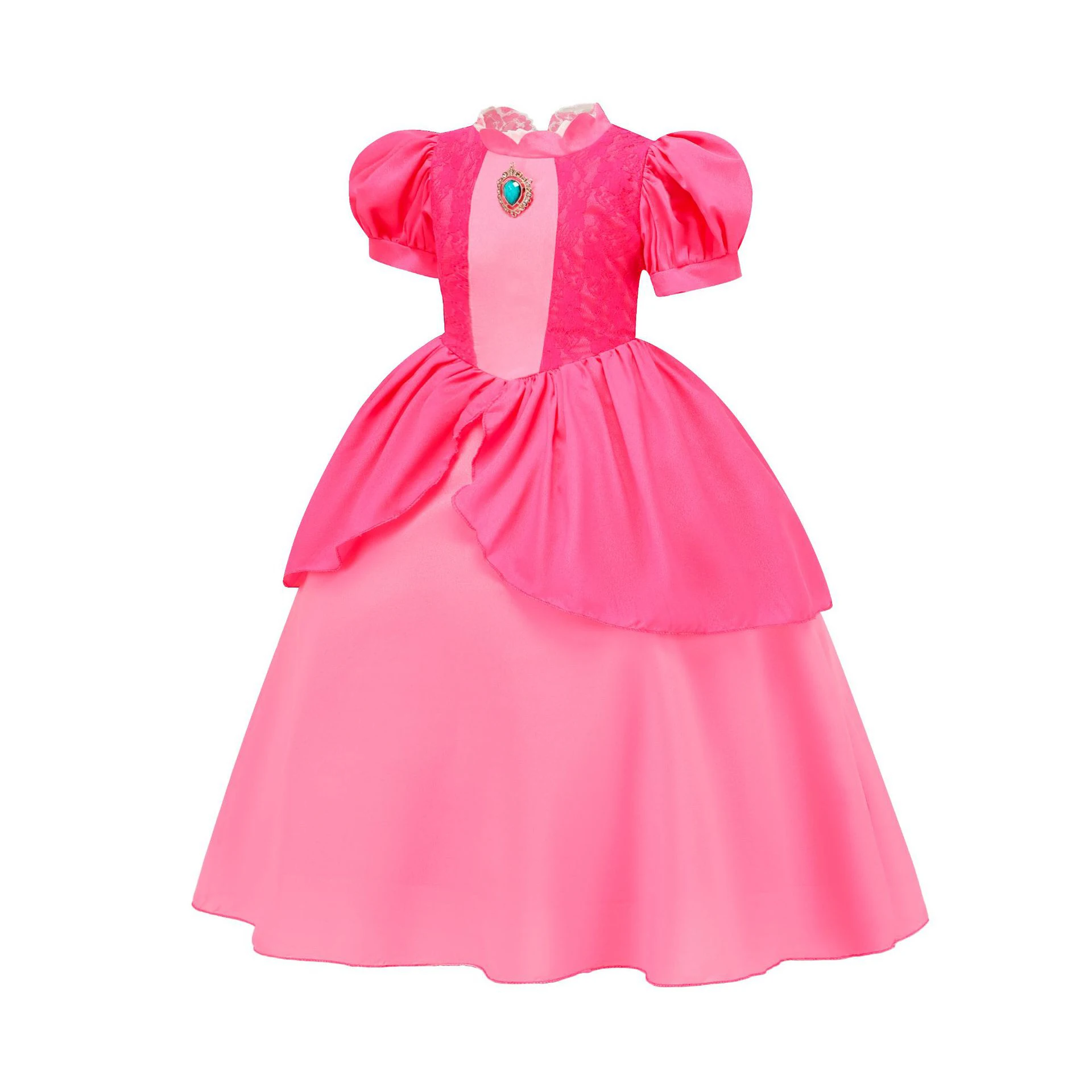 Vestido cosplay popular de princesa Peach para niña con cintura ajustada, falda abullonada, mangas abullonadas, vestido infantil, disfraz de Halloween