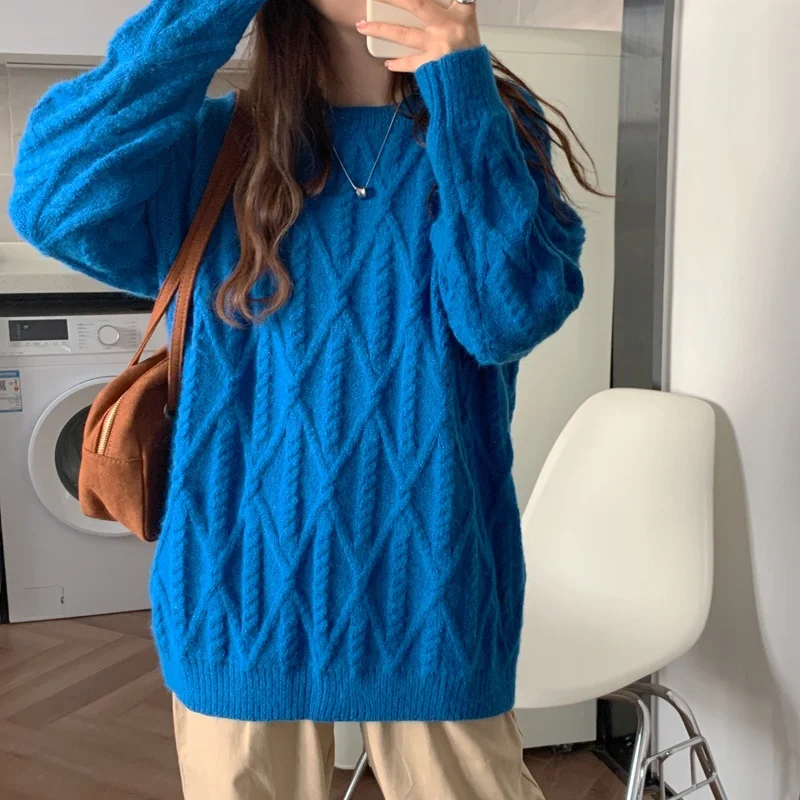 

Klein Blue Women's Sweater Loose Knitted Long Sve round Ne Warm Thiened Outerwear Comfortable Lazy Sle Knitwear