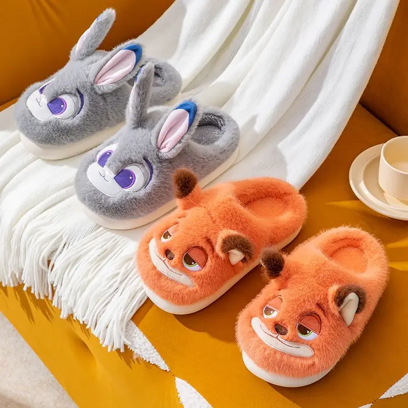 Disney Zootopia Judith Plush Slippers Winter Furry Fashion Warm Ankles Plush Cozy Slides for Home Indoor Soft Sole Cotton Shoes